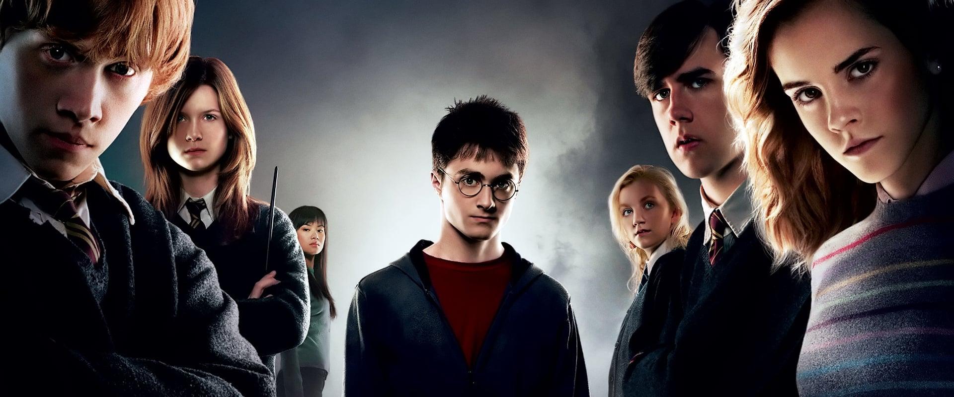 Harry Potter, surrounded by other characters from the movies