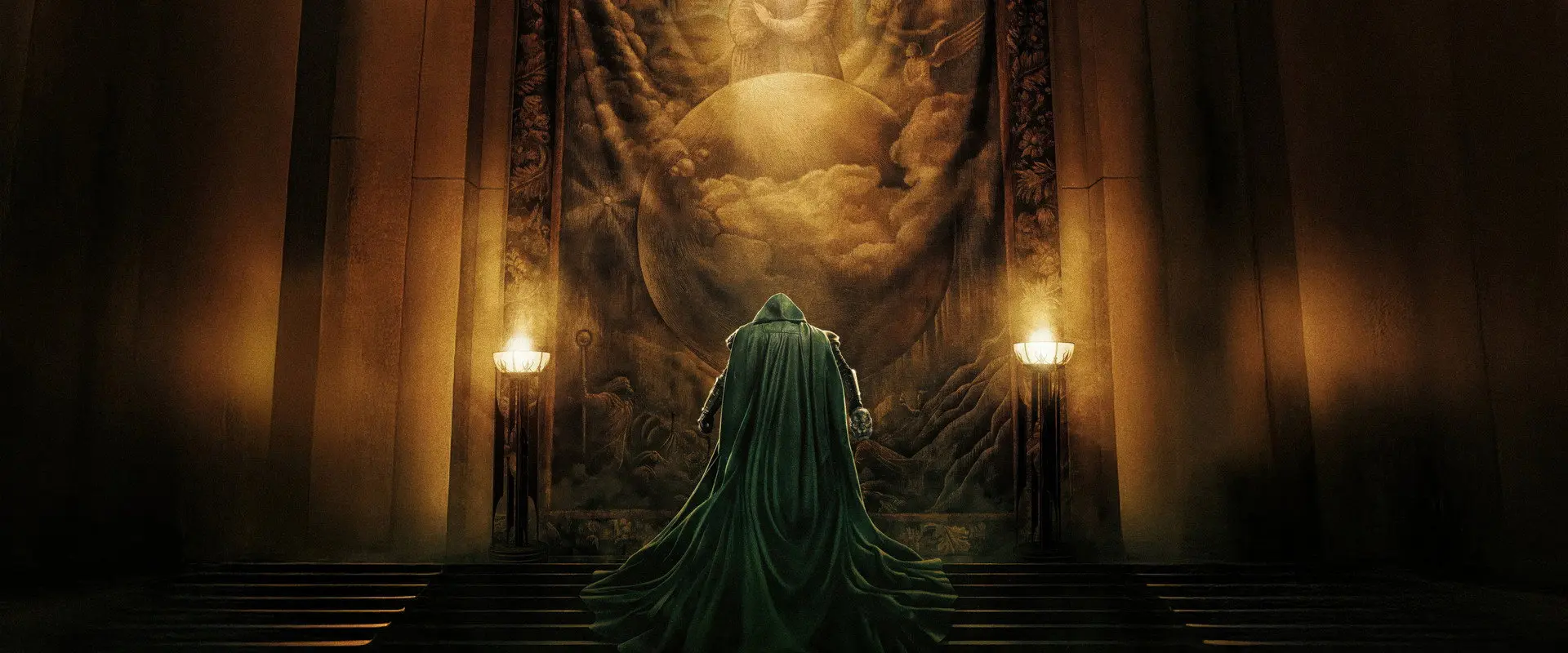 Doctor Doom standing before a tapestry in a torchlit hall
